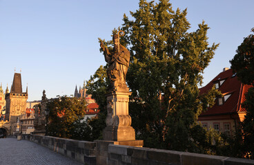 Fototapeta na wymiar View of Charles Bridge Statue in the morning in Prague