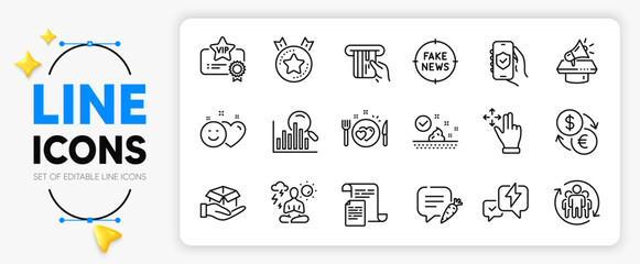 Chat bubble, Documents and Currency exchange line icons set for app include Vip certificate, Hold box, Romantic dinner outline thin icon. Move gesture, Teamwork, Search pictogram icon. Vector