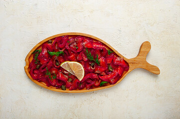 Salmon gravlax with beetroot, Scandinavian snack, beet gravlax, lightly salted fish, homemade, no...