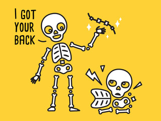 An illustration of a funny skeleton holding the back of another.