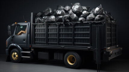 Black Garbage truck outdoor. Transport for cleaning the city
