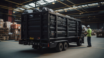 Black Garbage truck outdoor. Transport for cleaning the city