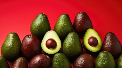 Medium Group of Whole Avocados on Red background