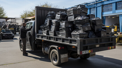 Black Garbage truck outdoor. Transport for cleaning the city