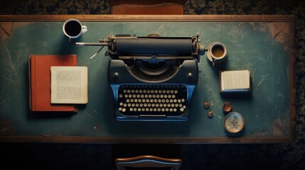 background table flat vintage top view illustration writer page, old paper, letter space background table flat vintage top view