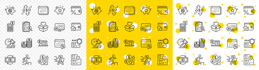 Outline Report statistics, Online accounting and Calendar line icons pack for web with Donation, Discounts cart, Calculator line icon. Savings tax, Payment protection. Vector