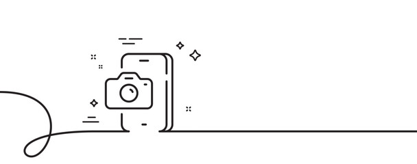 Phone photo line icon. Continuous one line with curl. Smartphone or Cellphone sign. Mobile accessories symbol. Phone photo single outline ribbon. Loop curve pattern. Vector - obrazy, fototapety, plakaty