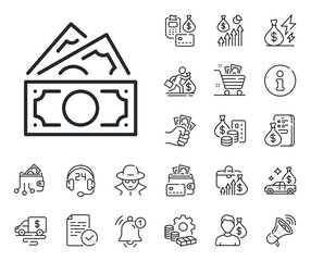 Cash banknotes sign. Cash money, loan and mortgage outline icons. Money line icon. Savings profit symbol. Money line sign. Credit card, crypto wallet icon. Inflation, job salary. Vector