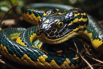 close up of a black and yellow snake