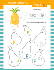 Letter Trace, find and color Worksheet for Kids Activity Book. For Letter P. Preschool activities for toddler and teacher. Vector printable page for Exercise book. Cute illustration – Pineapple.