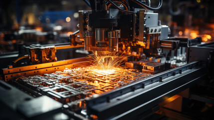 CNC Laser cutting of metal, modern industrial technology Making Industrial Details. The laser optics and CNC (computer numerical control) are used to direct the material or the laser beam generated.