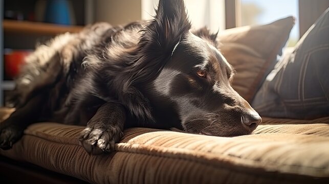 Old black dog lying on a black leather couch