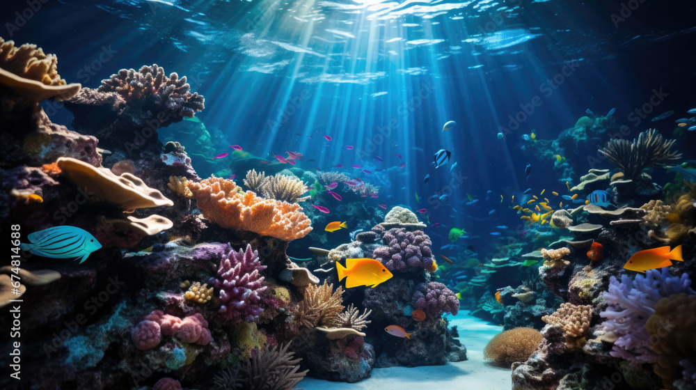 Wall mural underwater coral reef landscape background in the deep blue ocean with colorful fish and marine life - Wall murals