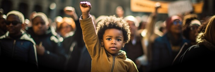 A black child raising a powerful fist. Symbolizing the spirit of protest - obrazy, fototapety, plakaty
