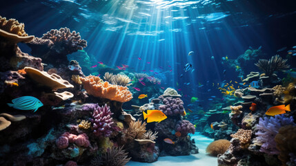 underwater coral reef landscape background in the deep blue ocean with colorful fish and marine life.
