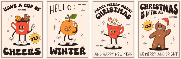 Funny Retro cartoon christmas Character in groovy 50s, 60s, 70s Vintage Style. Happy new year mascot with hot coffee, cocoa, gingerbread, cake, cupcake and cookie. Xmas vintage characters.