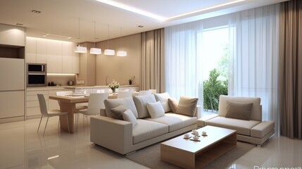 Fototapeta na wymiar Modern open plan small house design with calm colors and good lighting system. This design relies on simplicity and elegance in elements and colors. Use calm colors: paint the walls in light colors su