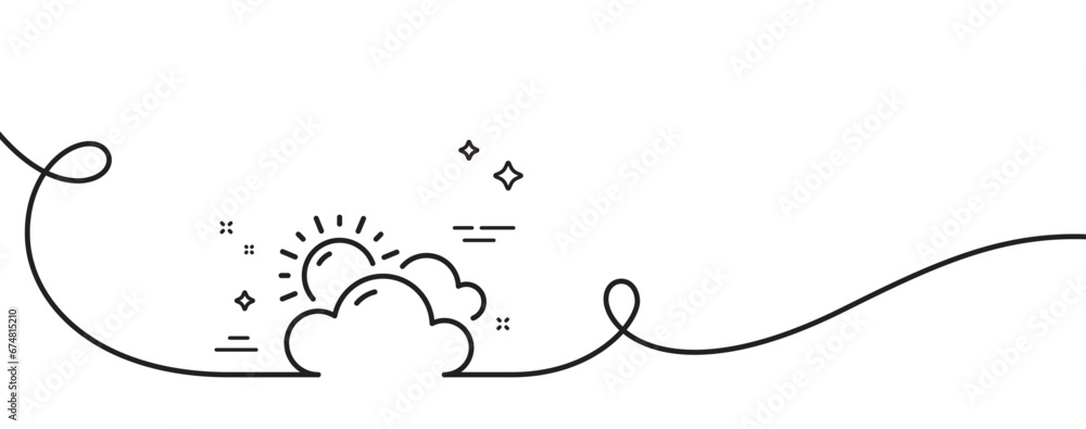Poster sunny weather forecast line icon. continuous one line with curl. clouds with sun sign. cloudy sky sy