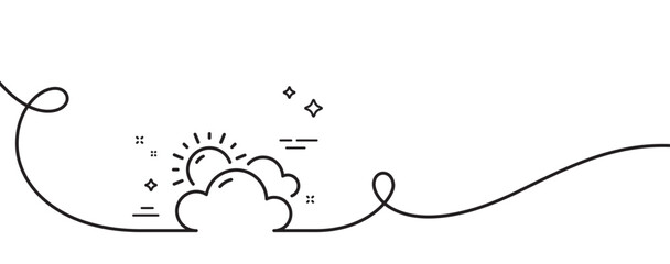Sunny weather forecast line icon. Continuous one line with curl. Clouds with sun sign. Cloudy sky symbol. Sunny weather single outline ribbon. Loop curve pattern. Vector