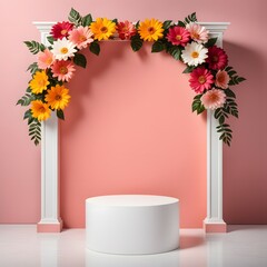 minimal composition with white podium and floral arch