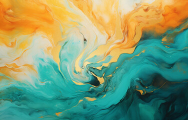 Paint Swirls in Beautiful Teal and Orange colors, with Gold Powder Background