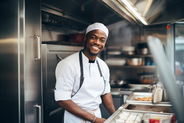 African American male chef preparing takeaway food in food truck kitchen - obrazy, fototapety, plakaty