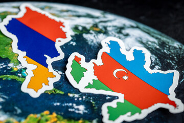 Flags of Armenia and Azerbaijan against the background of the world, concept, difficult mutual relations and conflict between Azerbaijan and Armenia