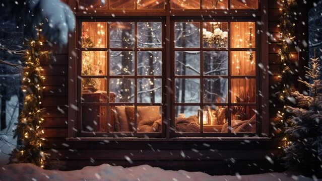 Rustic wooden cabin in the forest with falling snow. Christmas time.