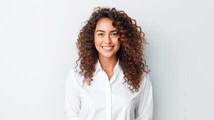 Cheerful young woman model on white background. Beauty model girl with curly hairstyle. Fashion, cosmetics and makeup.
