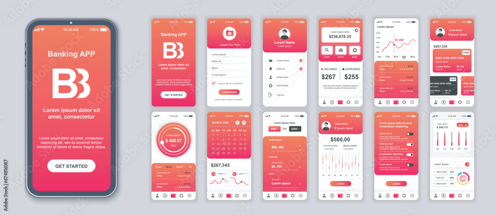 Fototapete banking mobile app interface screens template set. online account, balance, financial management, cu