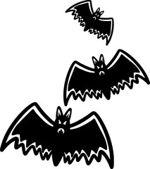 Hand drawn vector drawing of vampire bats. Black and white, contour,silhouette,cartoon style, doodle, cute,silly. Animal,horror,spooky,creepy,scary,Halloween,October,symbol,sign,wimpngs,fangs,monster.