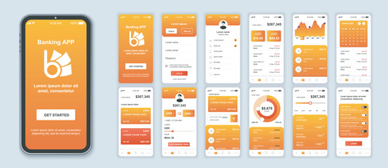 Banking mobile app interface screens template set. Online account, balance, financial statistics, credit card management, analytics. Pack of UI, UX, GUI kit for application web layout. Vector design. - obrazy, fototapety, plakaty