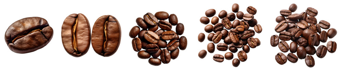 Roasted coffee beans, group stack heap flat lay top view on transparent background cutout, PNG file. Many assorted different design angles. Mockup template for artwork

