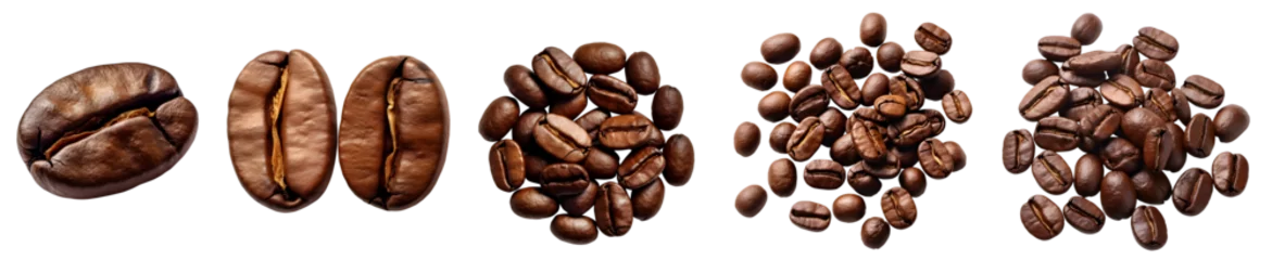 Foto op Plexiglas Roasted coffee beans, group stack heap flat lay top view on transparent background cutout, PNG file. Many assorted different design angles. Mockup template for artwork   © Sandra Chia