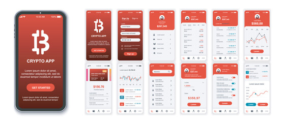 Crypto mobile app interface screens template set. Online account, data analysis, earnings statistics, trading, currency exchange. Pack of UI, UX, GUI kit for application web layout. Vector design. - obrazy, fototapety, plakaty