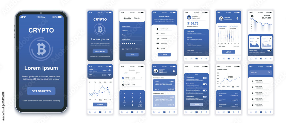 Aufkleber crypto mobile app interface screens template set. online account, financial analysis, earnings chart