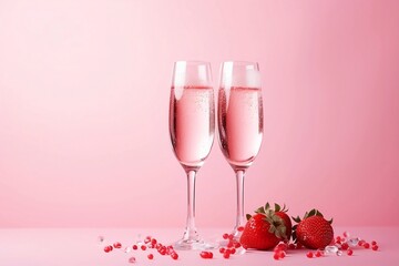 Champagne Flutes on a Pink Background with Strawberries