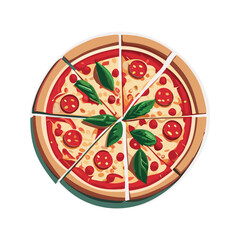 Fresh pizza with tomato, cheese, olive, sausage, onion, basil. Traditional italian fast food. Top view meal. European snack. Isolated white background.