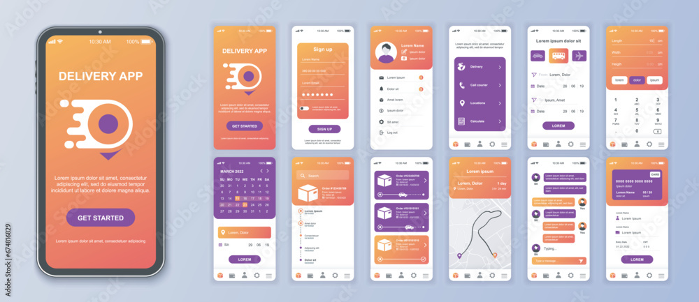 Poster Delivery mobile app interface screens template set. Online account, courier shipping, parcel calculate, tracking order map, payment. Pack of UI, UX, GUI kit for application web layout. Vector design.