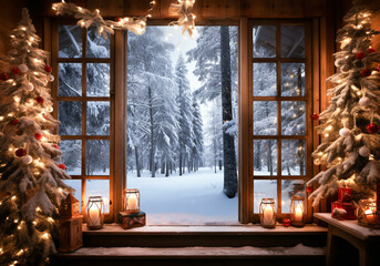 Rustic wooden cabin in the forest in winter landscape. Christmas time. AI generative