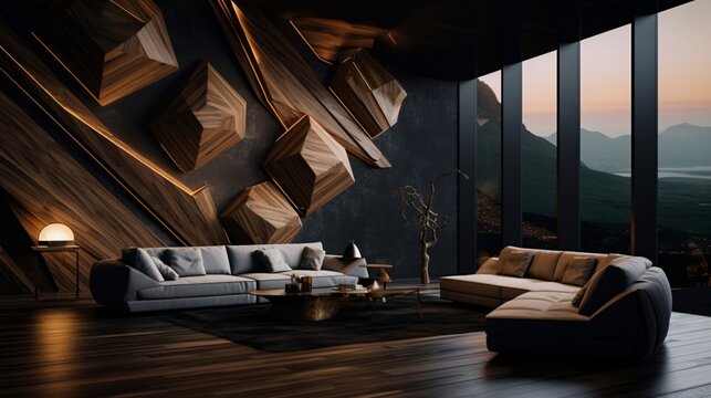 polygon modern living area by laura harnett, in the style of max rive, mood lighting, in the style of sharp polygon lines and edges, varying wood zebrano, faceted forms, leica cl, dau al set, grandeur