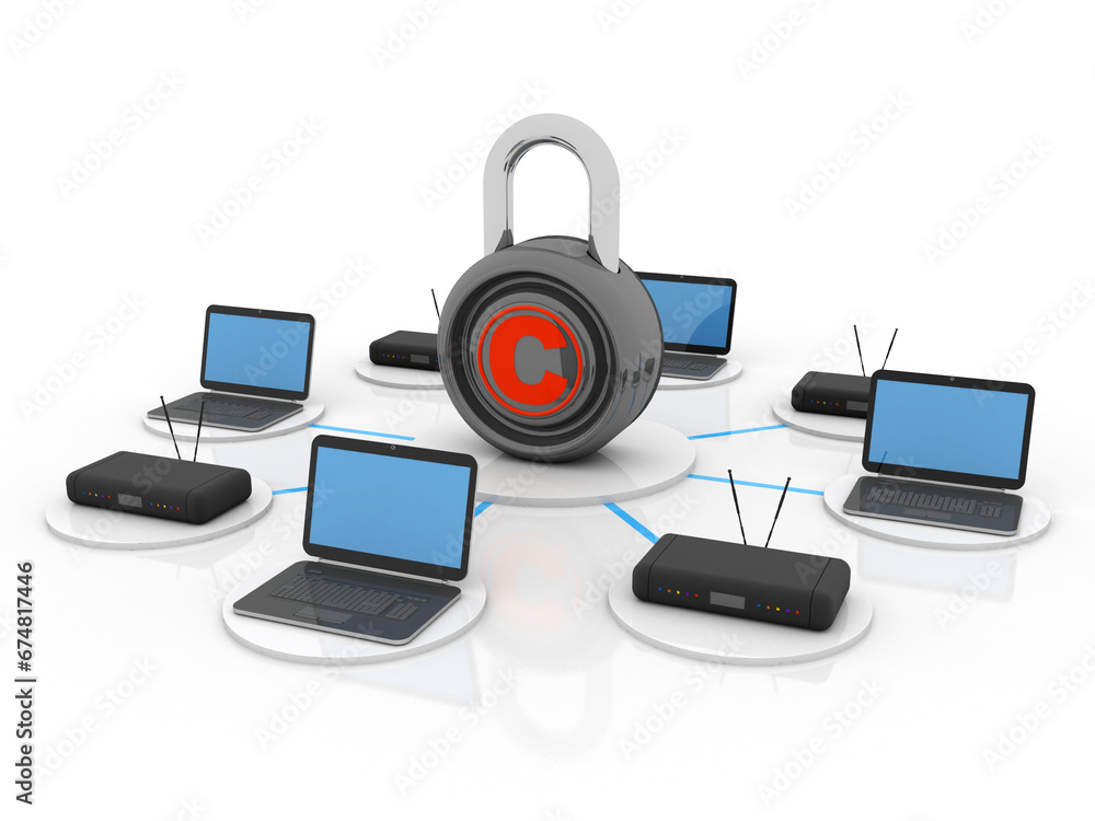 Poster 3d rendering technology computer modem network with copyright lock