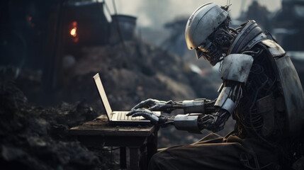 A humanoid robot works in an office on a laptop, showcasing the utility of automation in repetitive and tedious tasks. - obrazy, fototapety, plakaty