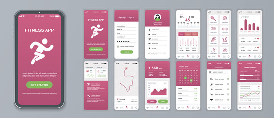 Fitness mobile app interface screens template set. Online account, weight statistic, sport trainings list, heartbeat, calorie, map. Pack of UI, UX, GUI kit for application web layout. Vector design. - obrazy, fototapety, plakaty