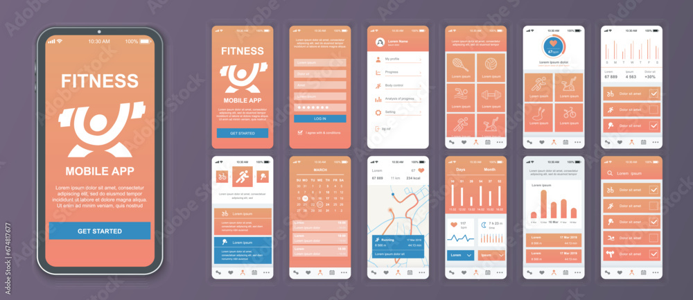 Fototapete fitness mobile app interface screens template set. online account, activity statistic, sport trainin