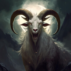Fusao front view a scary majestic white goat with 4 horns a sol - obrazy, fototapety, plakaty