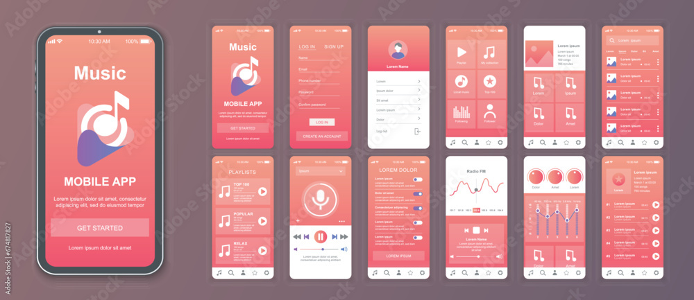 Poster music mobile app interface screens template set. online account, playlist, song collection, player, 
