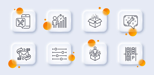 Open box, E-mail and Parking place line icons pack. 3d glass buttons with blurred circles. Augmented reality, Filter, Food app web icon. Spanner, Business statistics pictogram. Vector