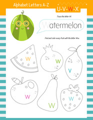 Letter Trace, find and color Worksheet for Kids Activity Book. For Letter W. Preschool activities for toddler and teacher. Vector printable page for Exercise book. Cute illustration – Watermelon.