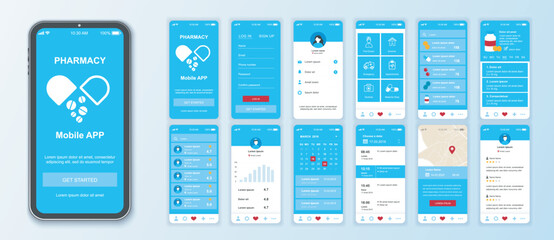 Pharmacy mobile app interface screens template set. Online account, find doctor, emergency, appointments, medicine shop ordering. Pack of UI, UX, GUI kit for application web layout. Vector design. - obrazy, fototapety, plakaty